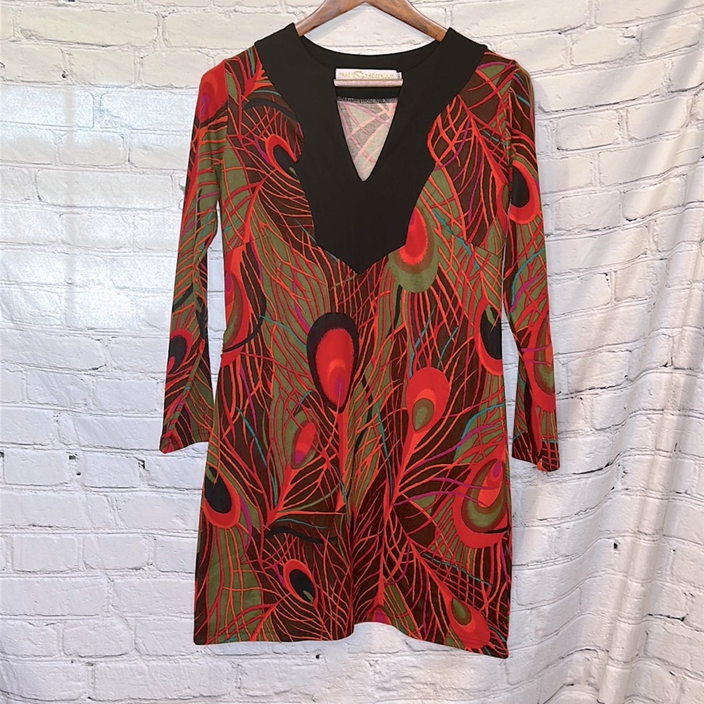 Tracy Negoshian Red Black Peacock Feather Dress Size Small Excellent Condition